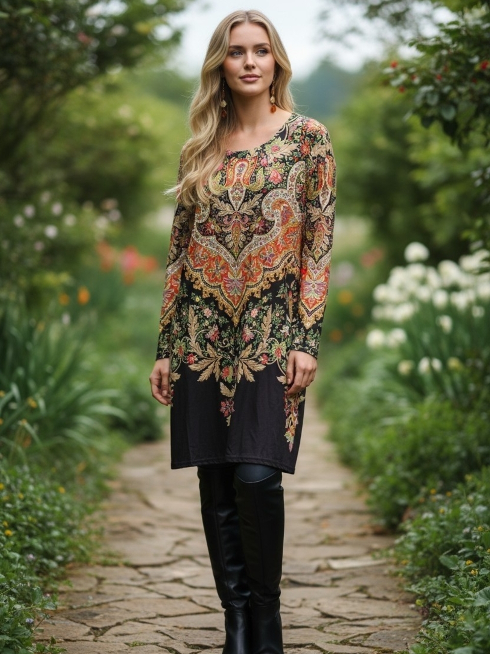 NWOT Women's Boho Black Paisley Long-Sleeve Tunic Top